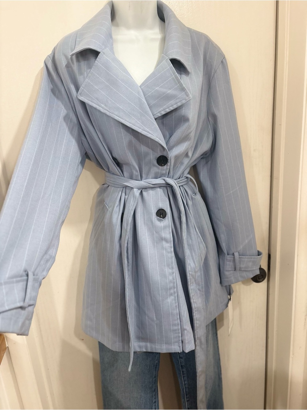 Light Blue classic quiet luxury business casual Pinstripe Tie-Waist Jacket